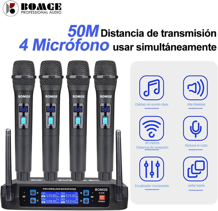 BOMGE Kabelloses Mikrofonsystem, Pro 4-Kanal schnurloses Mikrofon-Set mit vier Handmikrofonen, feste