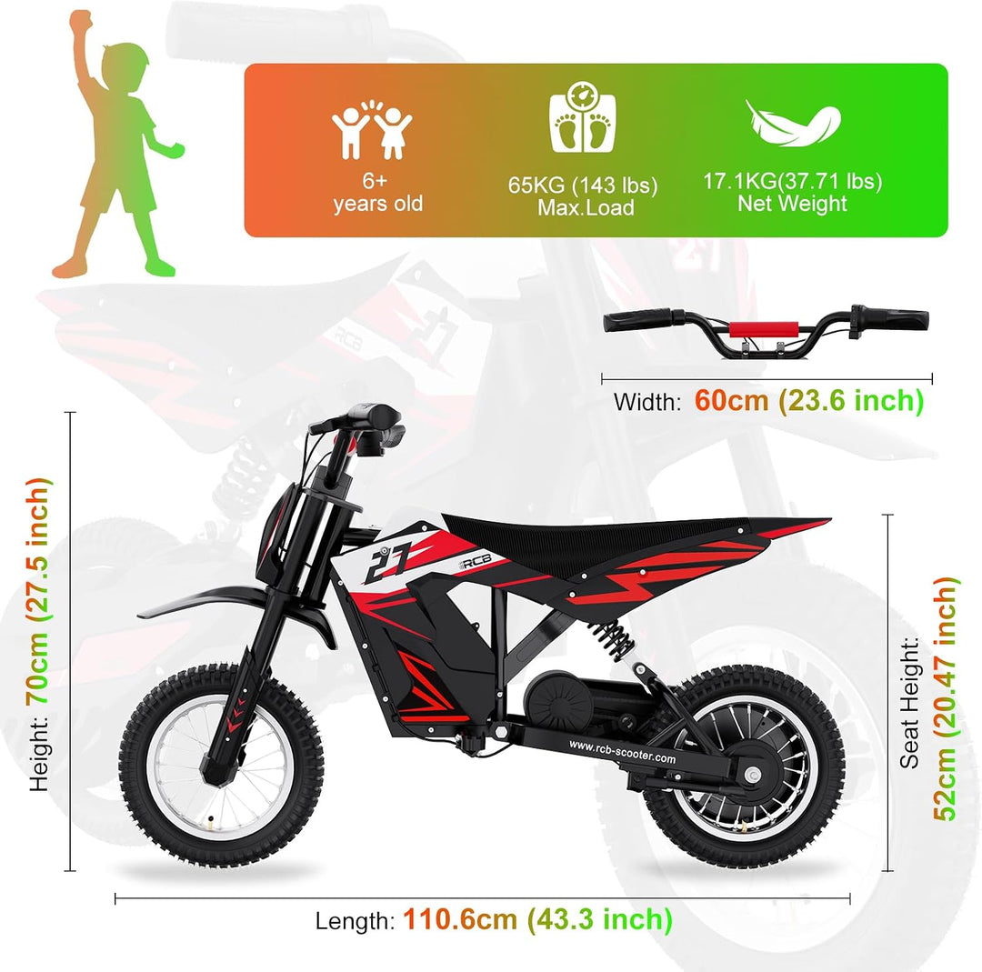 RCB TECH R9X Elektro Motorrad Kinder, Elektromotorrad mit 3 Geschwindigkeitsmodus, Max 25km/h, 36V/5