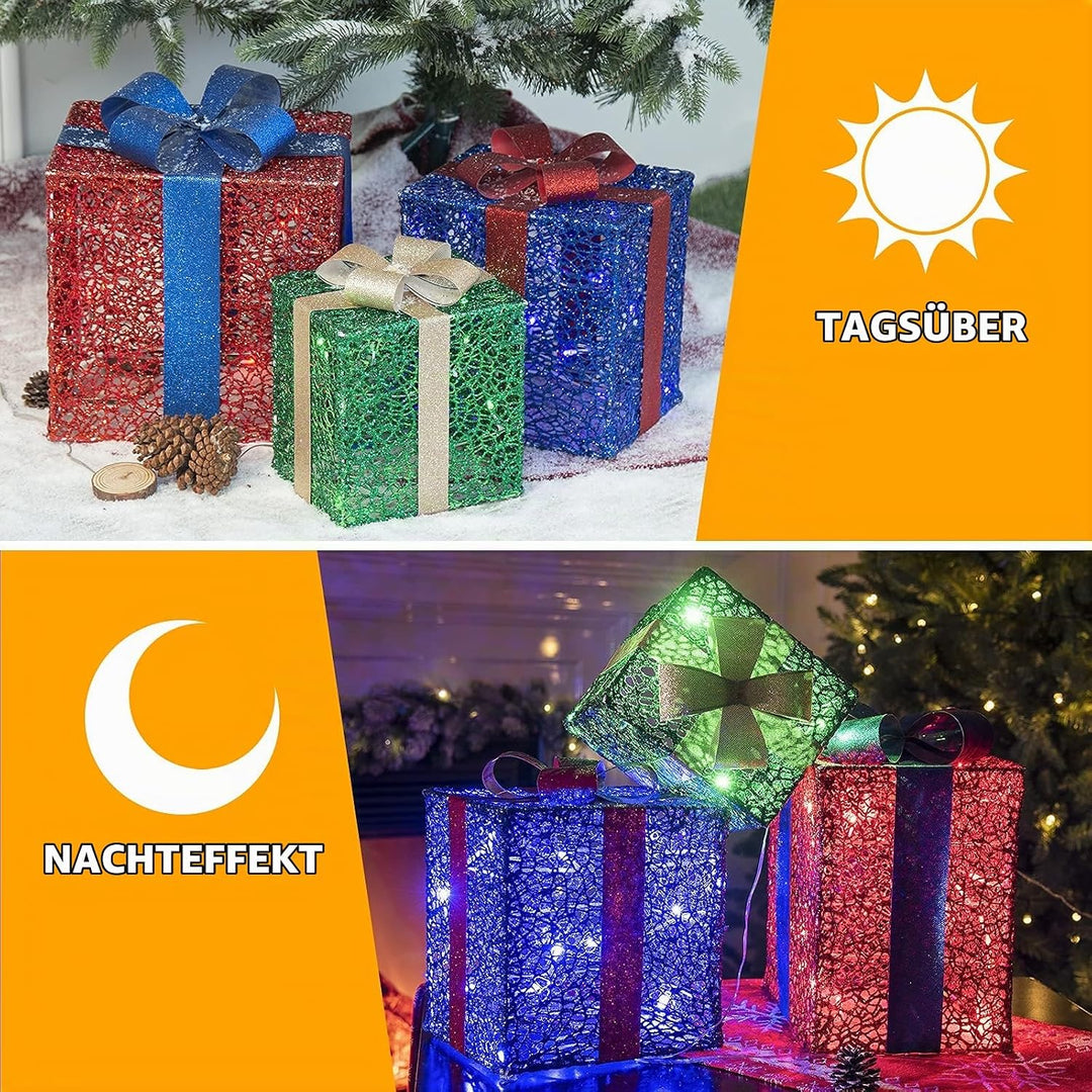 DELICHTER LED Weihnachtsdeko, 3× Rot/Grün/Blau Geschenkbox mit Schleifen Weihnachtsbeleuchtung für I
