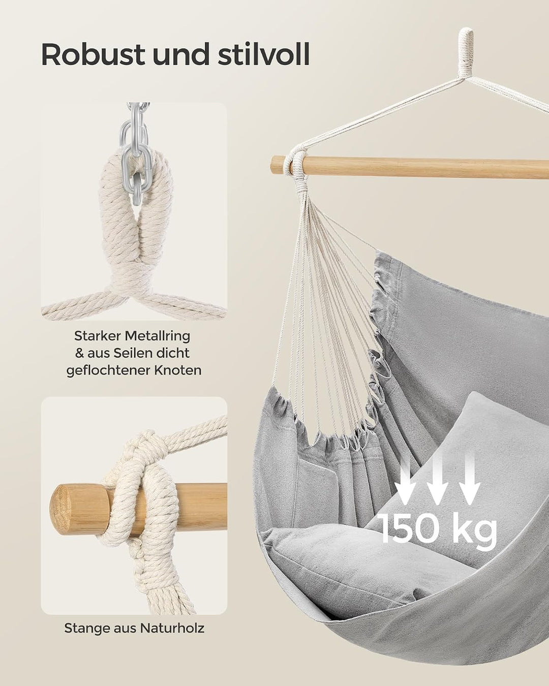 SONGMICS Hängesessel, Hängeschaukel, Hängestuhl mit 2 Kissen, Metallkette, bis 150 kg belastbar, Ind