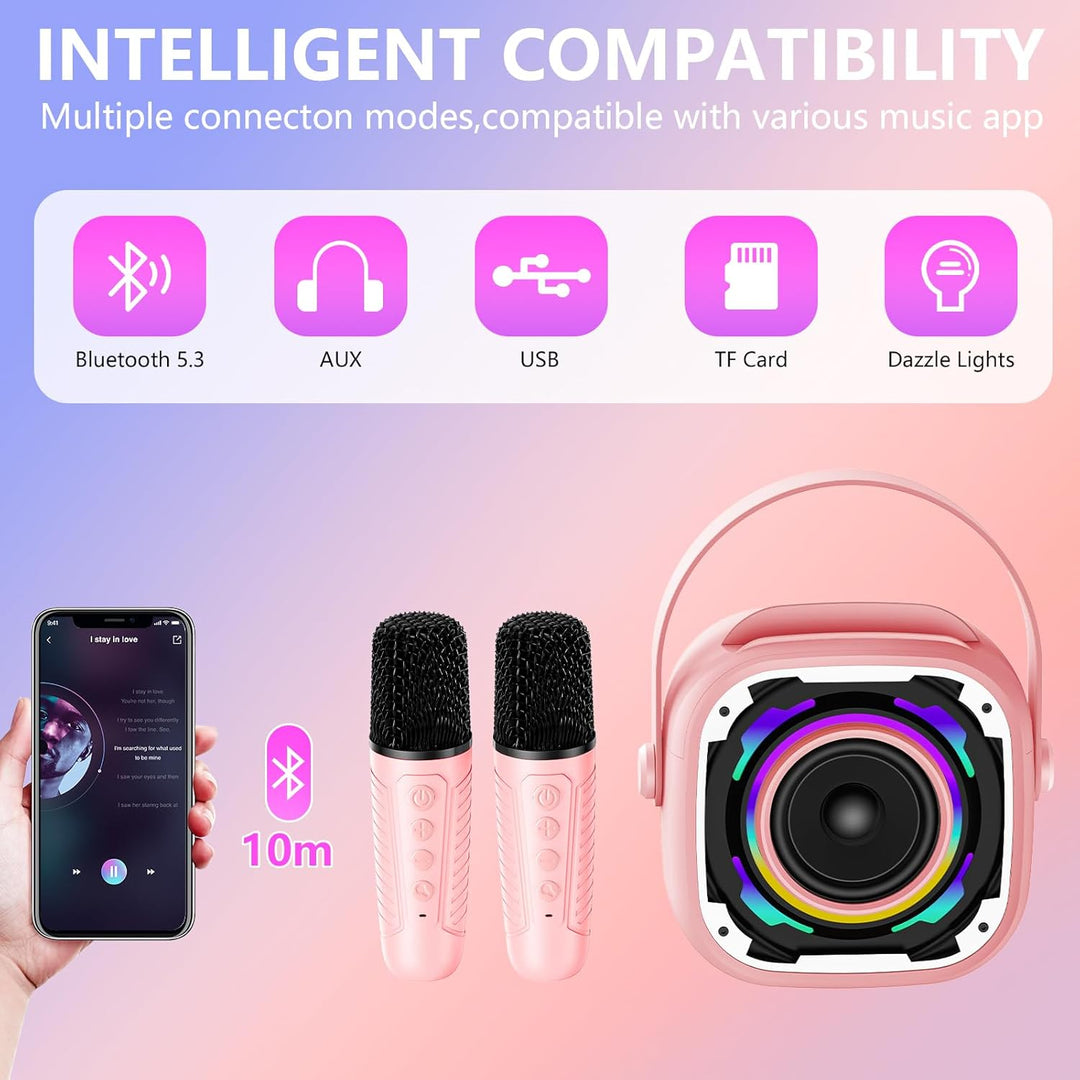 Karaoke Maschine Kinder mit 2 Mikrofonen, Tragbare Bluetooth Lautsprecher mit Telefonhalterung/Dynam