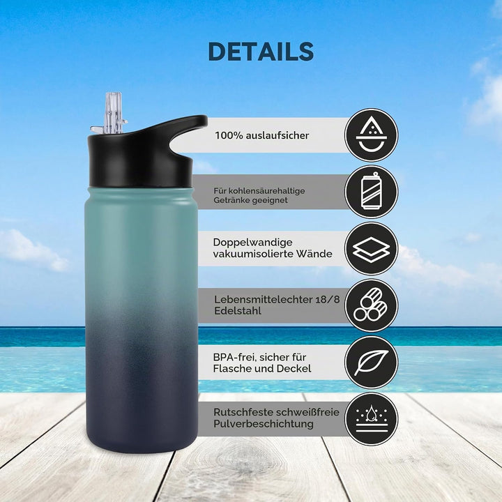 Edelstahl Trinkflasche - 500ml - mit Strohhalm,Auslaufsicher,Kohlensäure Geeignet,BPA frei Thermosfl