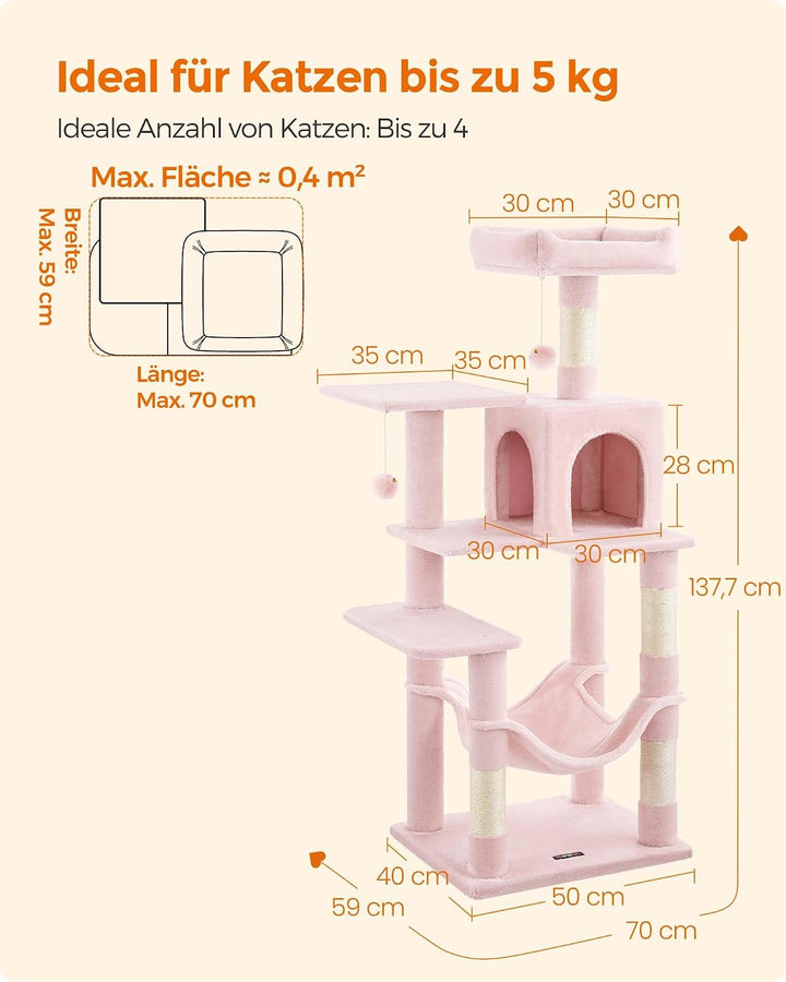 Feandrea Kratzbaum, 143 cm hoch, Katzenbaum, mehrstöckiges Katzenhaus, mit 4 Kratzsäulen, 2 Plattfor