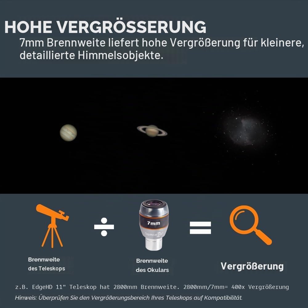 Celestron 93430 7 mm Luminos Okular, Schwarz/Silber Leuchtendes Okular - 7 mm, Leuchtendes Okular -