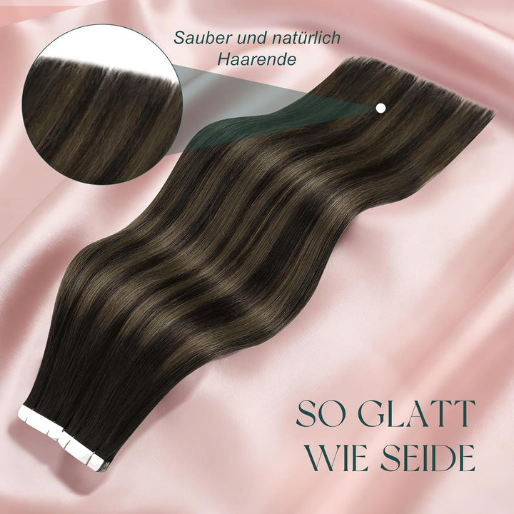 Easyouth Echthaar Tape on Extensions Glue in Haar Extensions Echthaar Farbe Dunkelstes Braun Aschbra