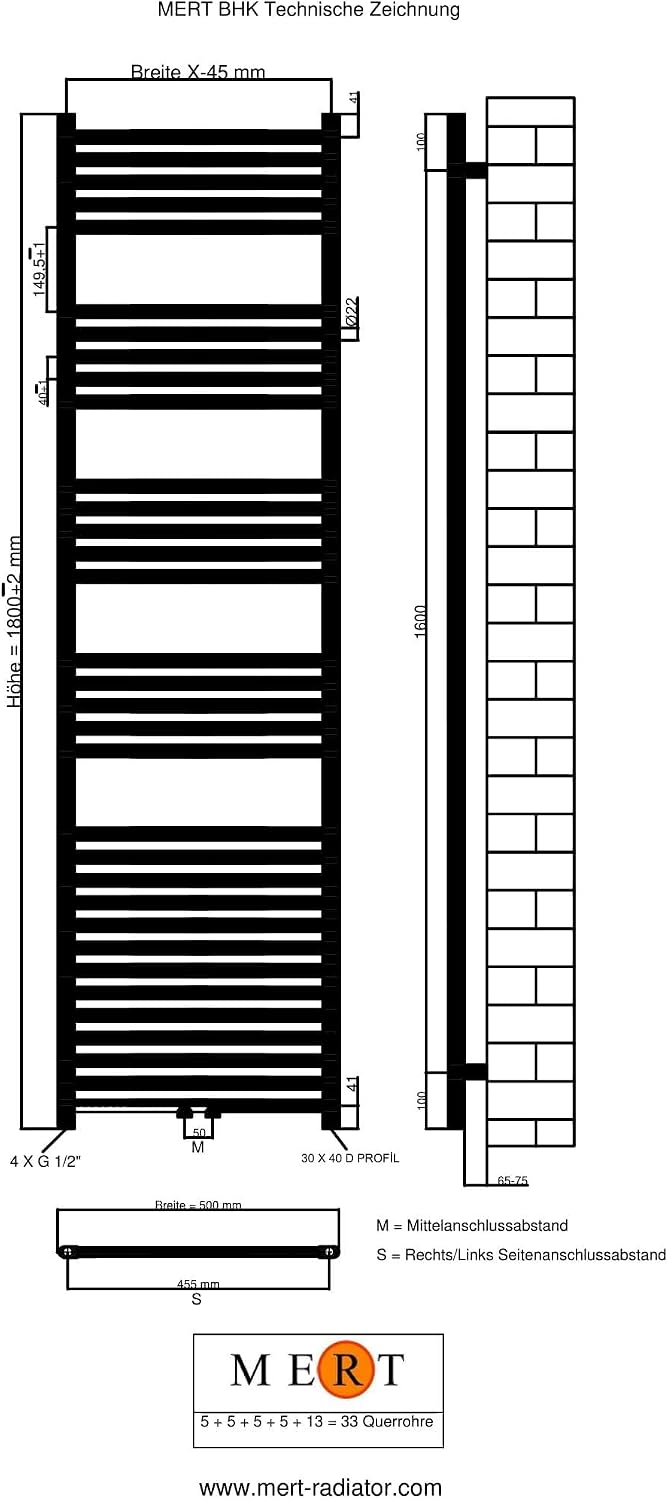 MERT Comfort Badheizkörper 500x1800mm Mittelanschluss verchromt im Kupfer/Nickel Bad gebogene Querro