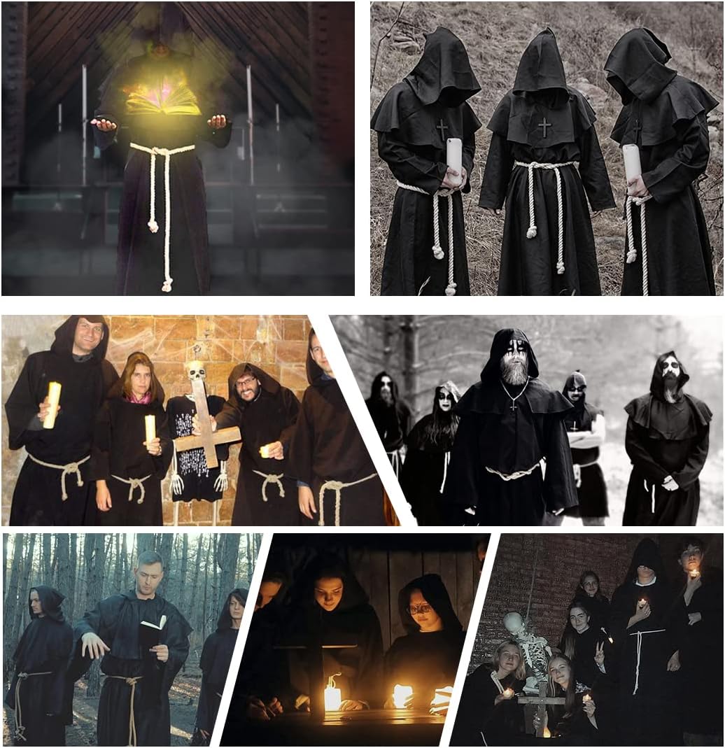 Wishstar Mönch Robe, XL Mittelalterliche Renaissance Robe, Kostüm Mönch mit Kapuze und Kordel, Schwa