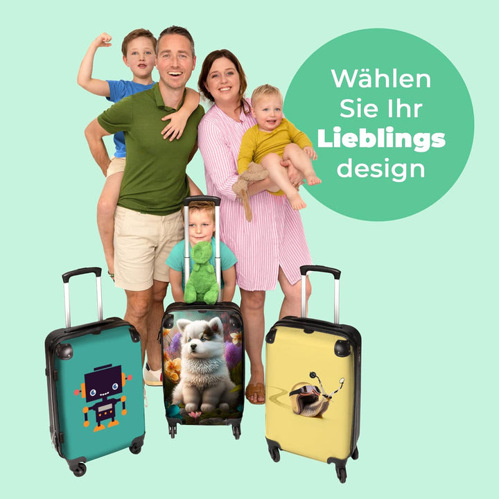 Koffer gross Trolley Rollkoffer Reisekoffer mit 4 Rollen Fotokoffer - Welpe - Blumen - Pflanzen - Na