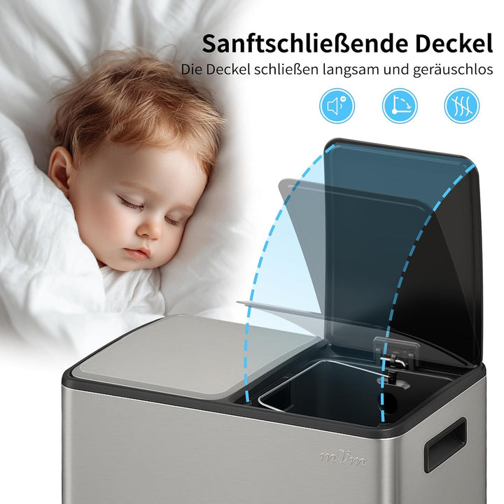 mVm Mülleimer Küche,40 Liter Treteimer,2 x 20 Liter Treteimer, 2 Fächer, Mülltrennsystem, Abfalleime
