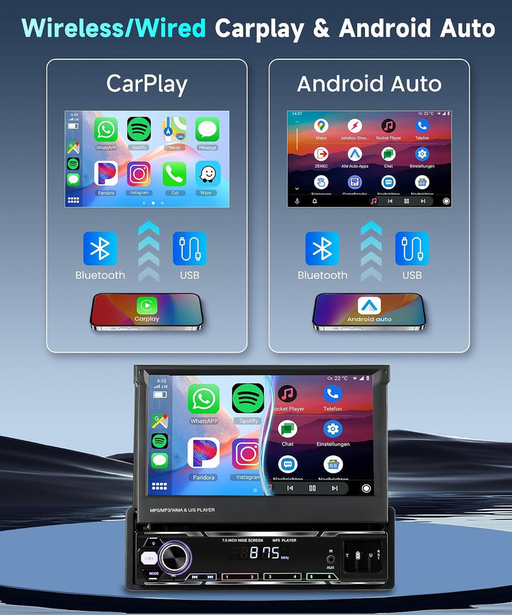 Rimoody Autoradio 1 Din Wireless Carplay Android Auto con 7 Pollici HD Touchscreen Manuell Einziehba