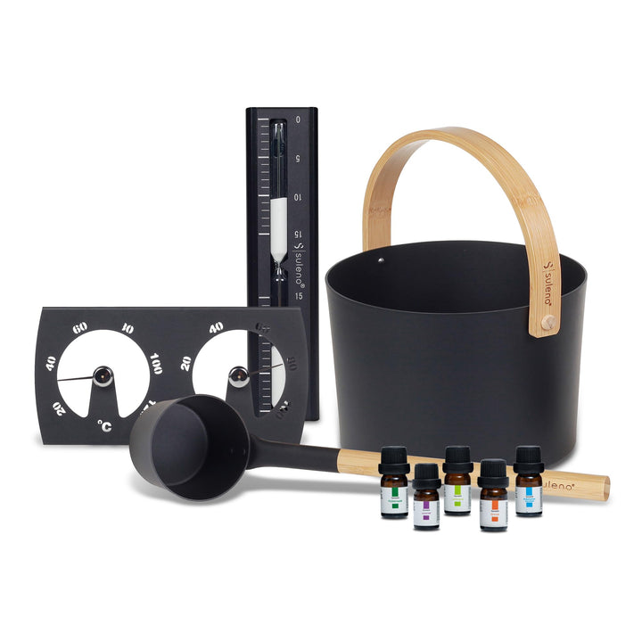 SULENO - Sauna Set KJELL | 9-teilig - Saunakübel, Saunakelle, Klimamesser 2in1, Sanduhr, Saunadüfte,