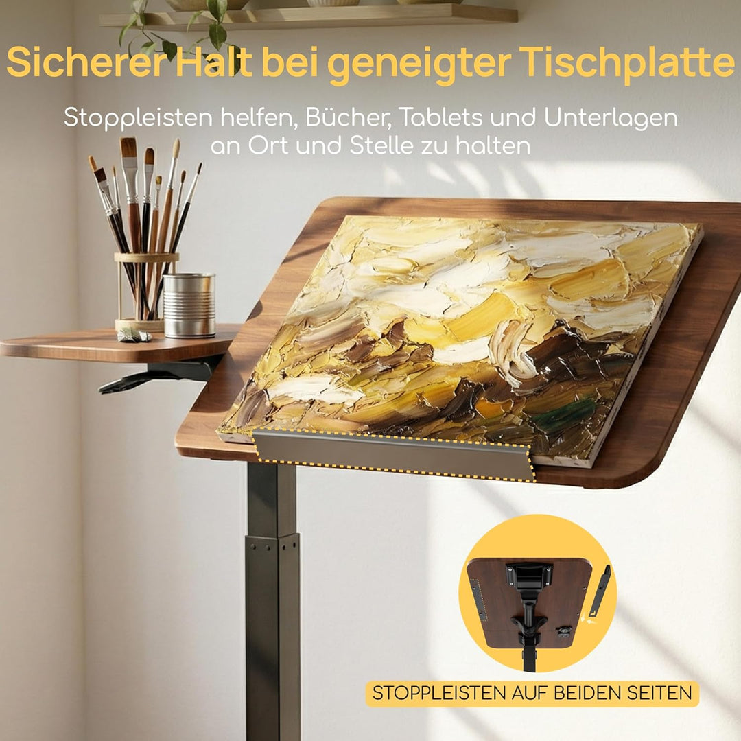 Viviendo Betttisch auf Rollen, Braun, höhenverstellbarer Beistelltisch 68–108 cm mit Gasdruckfeder,
