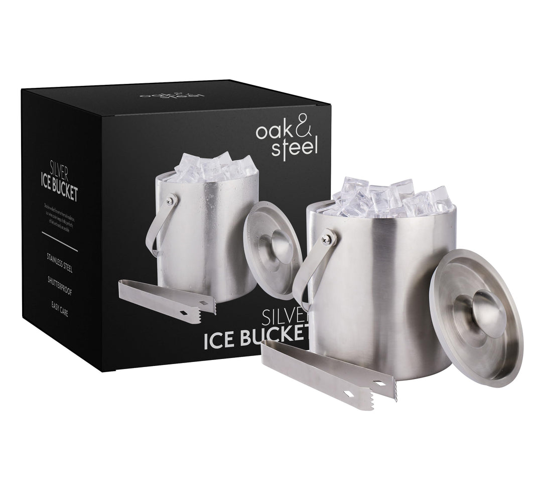 Eiche &amp; Stahl - 2 Eiskübel mit Deckel und Zange - Doppelwandiges Bar-Eiskübel-Set 2L - Edelstahl Eis