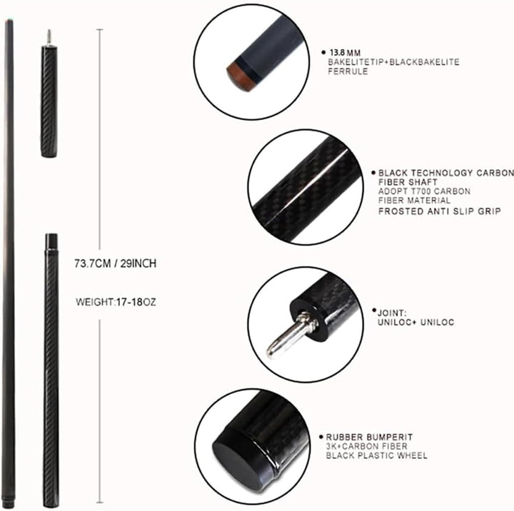 OKHEALING Kohlefaser-Billardqueue – 13,8 mm Kopf, 1/3 langes Springbecken-Queue-Gelenk, 124 cm, hand