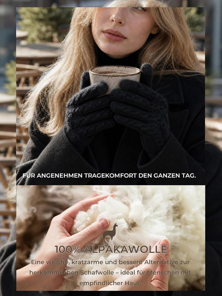 Alpaka Handschuhe Damen Winterhandschuhe Touchscreen Warm L Schwarz, L Schwarz