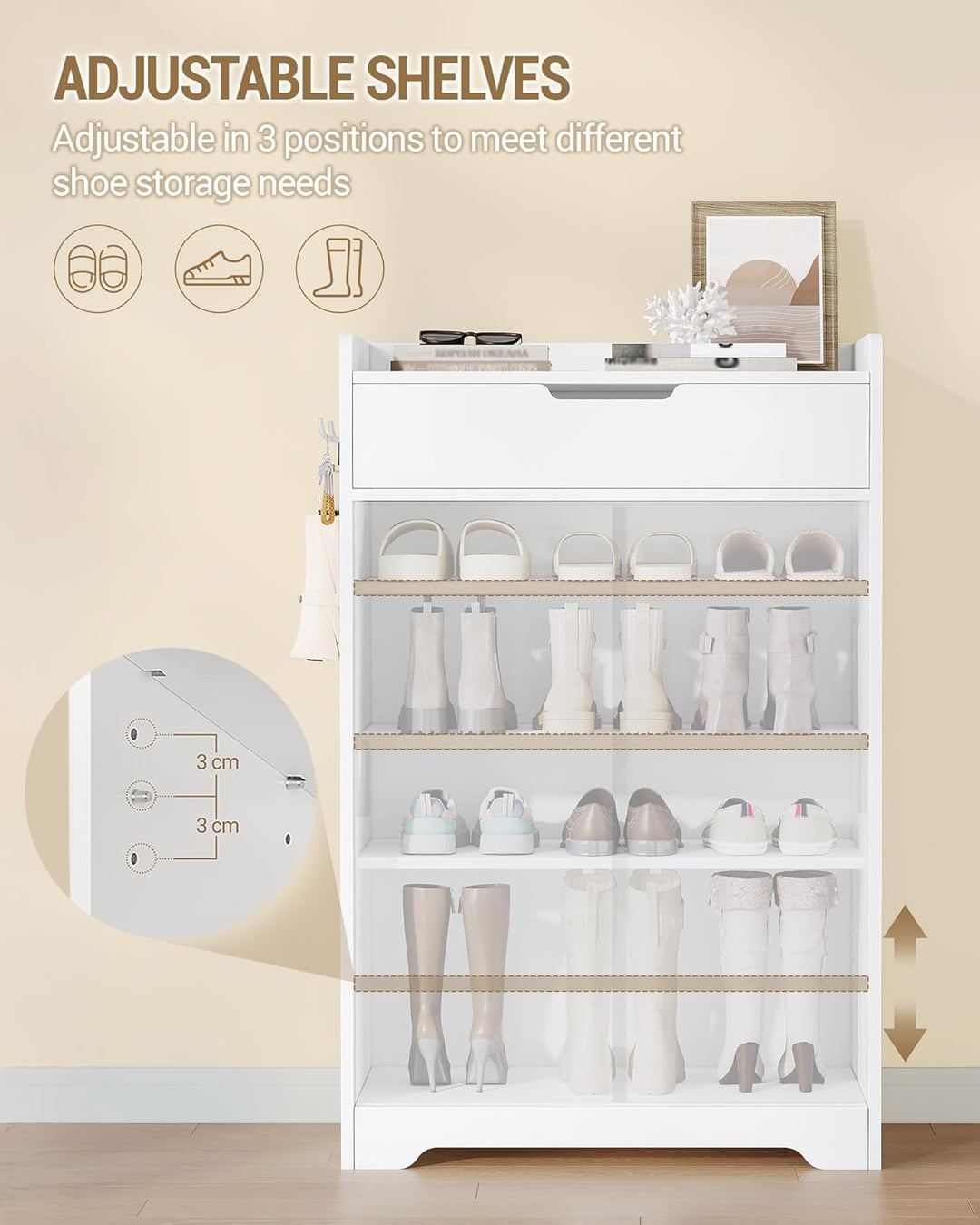 Hzuaneri Schuhschrank, Schuhkommode mit 5 Ebenen, Verstellbare Regalböden, 12-15 Paar, 1 Schublade,