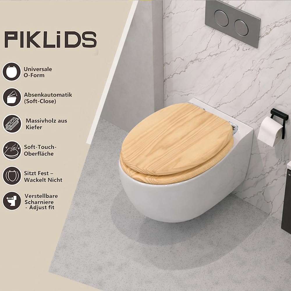 WC-Sitz aus Massivholz – Kiefer, mit Absenkautomatik, Schnellverschluss &amp; Easy-Clean, Soft-Touch – P