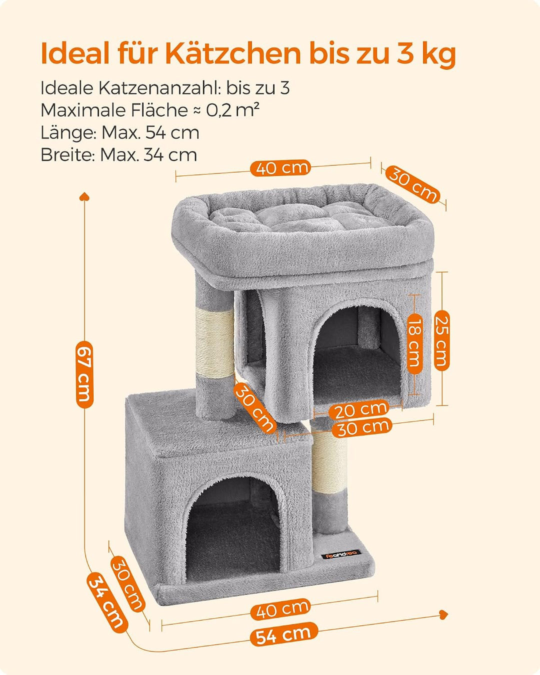Feandrea Kratzbaum klein, 67 cm Katzenbaum, Katzenhaus für Kätzchen bis zu 3 kg, grosse Plattform, S