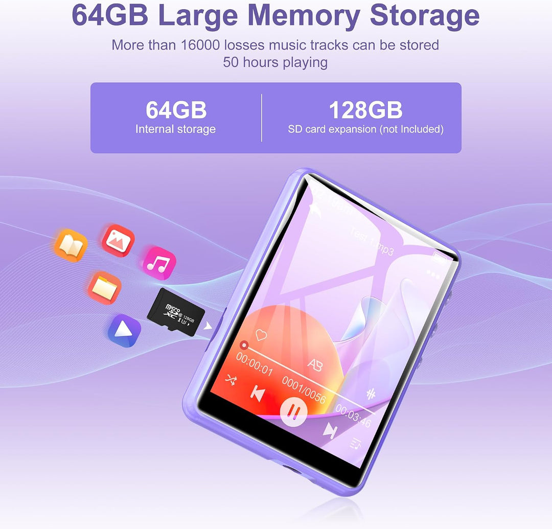 SWOFY 64GB MP3 Player Bluetooth 5.3, HiFi Musikplayer mit 2,4 Zoll Touchscreen, Integrierter Lautspr