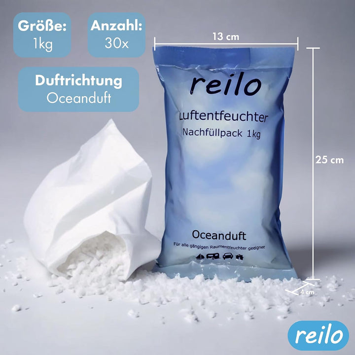 30x 1kg Oceanduft Luftentfeuchter Granulat, Raumluftentfeuchter im Vliesbeutel, Nachfüllpacks für gä