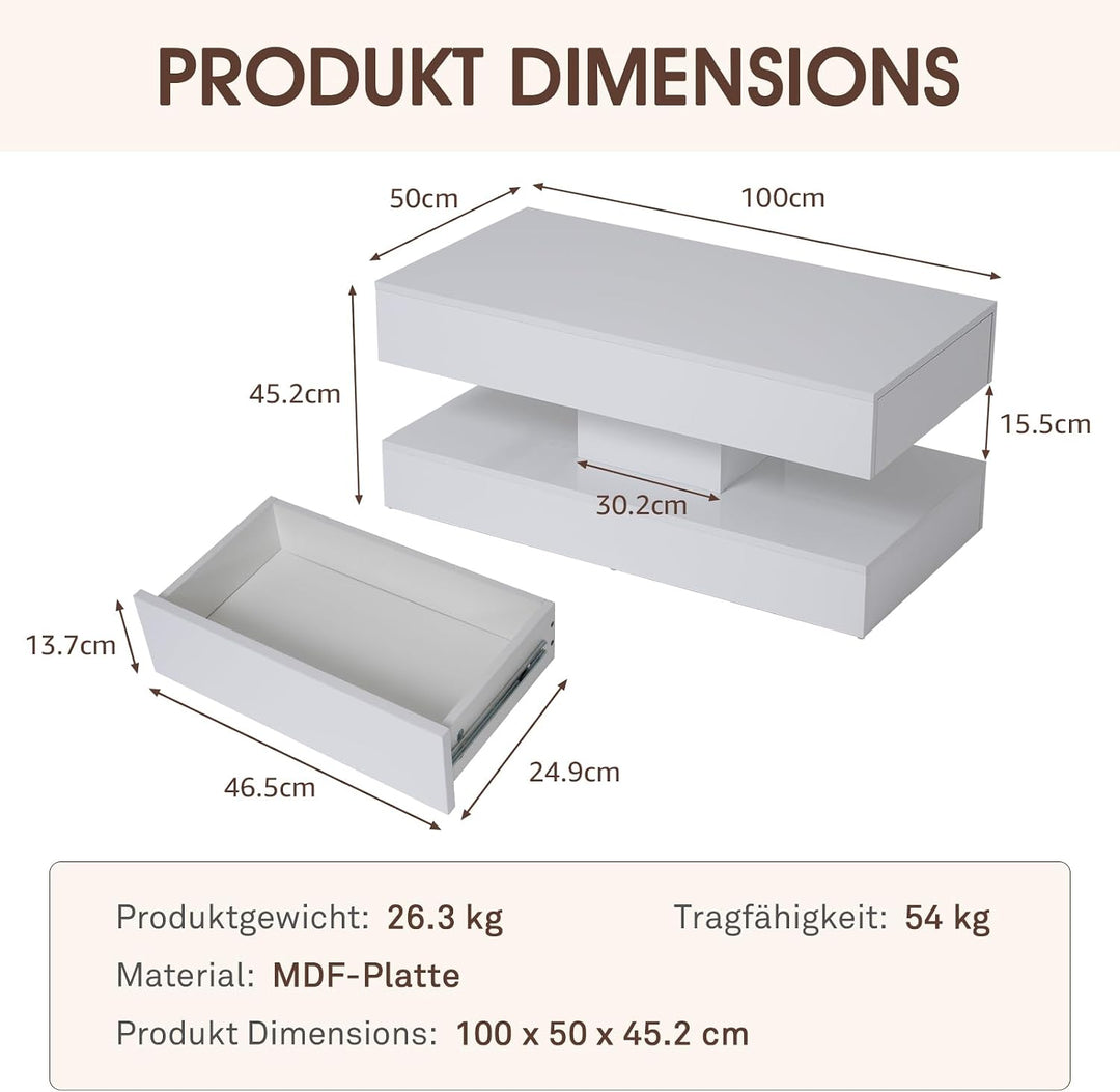 OC Orange-Casual Weiss Couchtisch im Hochglanz, Moderner Kaffeetisch mit 2 Schuhbalden, Rechteckiger