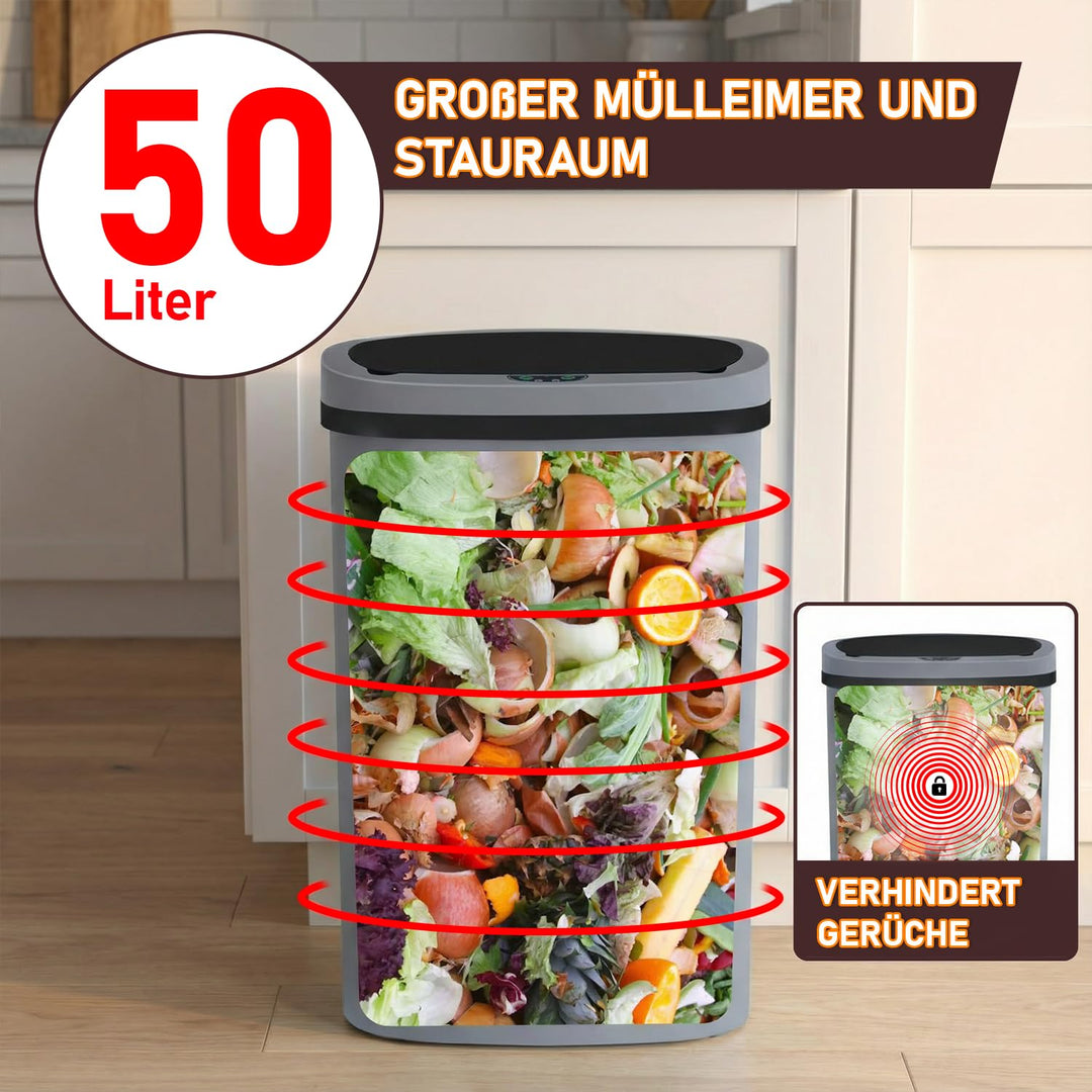 FDW Mülleimer mit Sensor &amp; Deckel, Kunststoff, 50 L Küchenmülleimer, Smart, Automatisch, Berührungsl