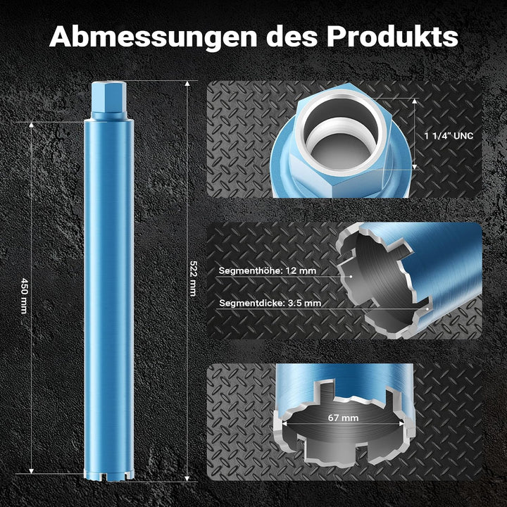Wiltec Diamantbohrkrone Typ 1 (Shark) Ø 67 mm, Bohrkrone 450 mm, 1¼ UNC Nassbohrkrone, Diamantbohrer