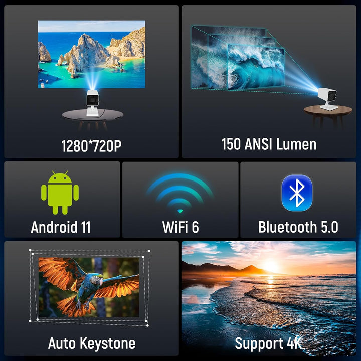 Mini Beamer 4K Mini Projektor WiFi6 und Bluetooth 5.0，150 ANSI Lumen Tragbarer Videoprojektor, Autom