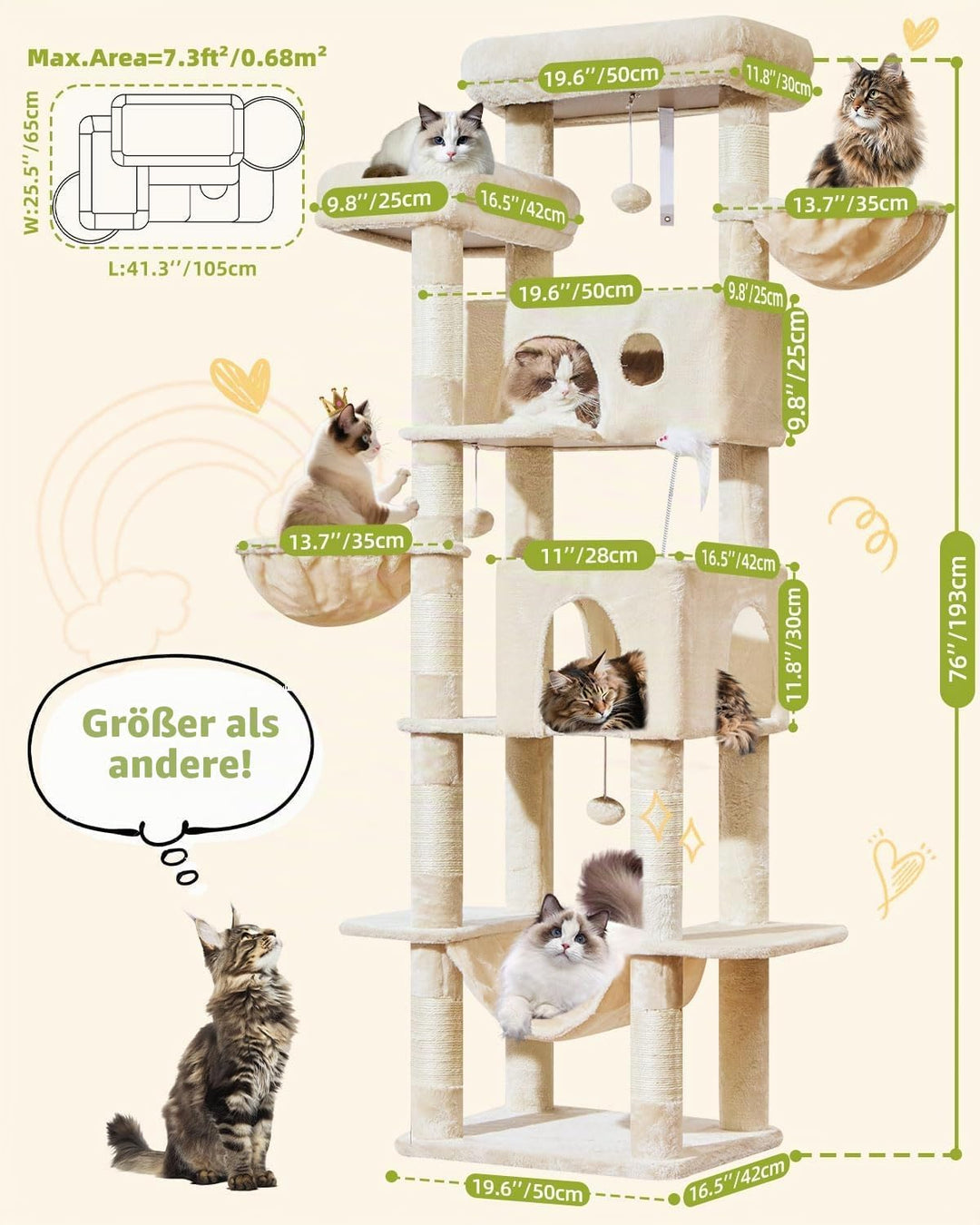 Taoqimiao 193CM Kratzbaum Gross XXL, Katzenbaum Katzenbaum Grosse Katzen Stabil Katzenkratzbaum mit