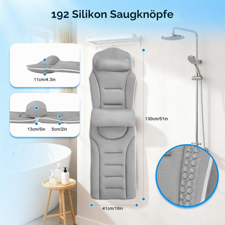 Badewannenkissen Ganzkörper 131 * 38cm, Badekissen mit Kopfstütze und Abnehmbares Taillenkissen, Kis