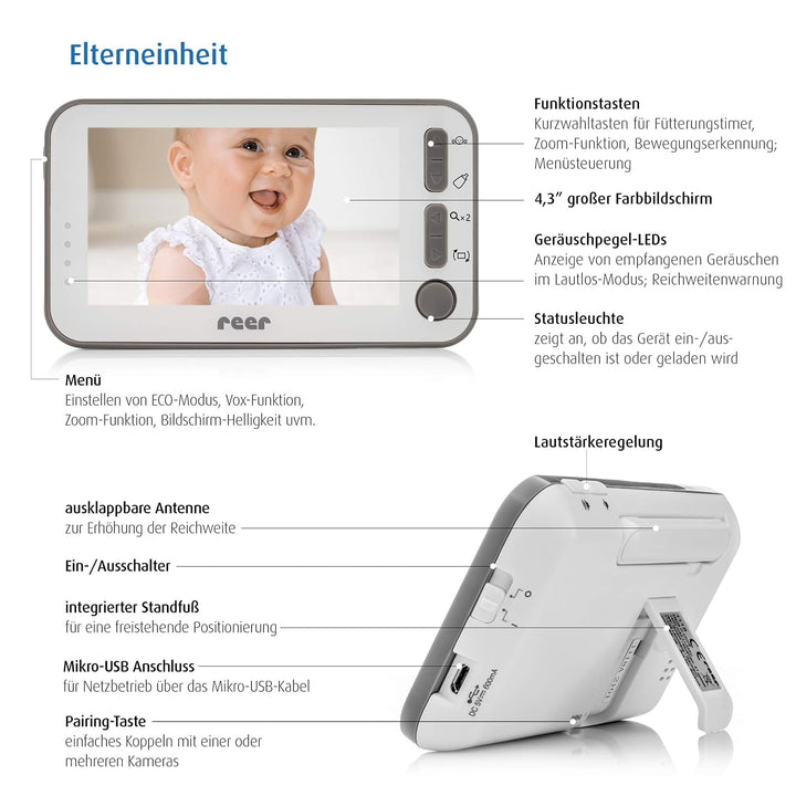 reer 80430 BabyCam Video Babyphone L, 300m Reichweite, 50 Grad Weitwinkel-Kamera, 4,3" TFT Display,