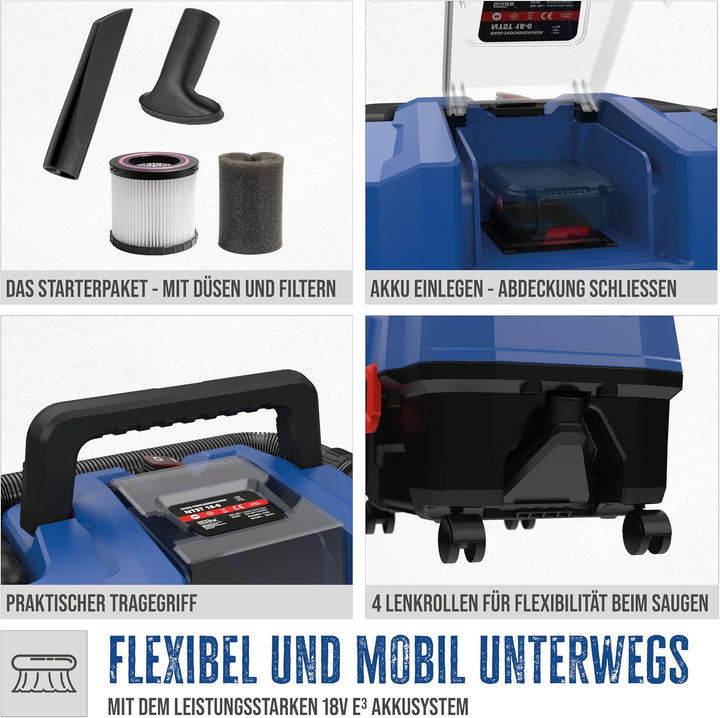 Güde Akku Nass Trockensauger NTST 18-0 (18V, 10 l Auffangbehälter, 4 Lenkrollen, Boden- &amp; Fugendüse,