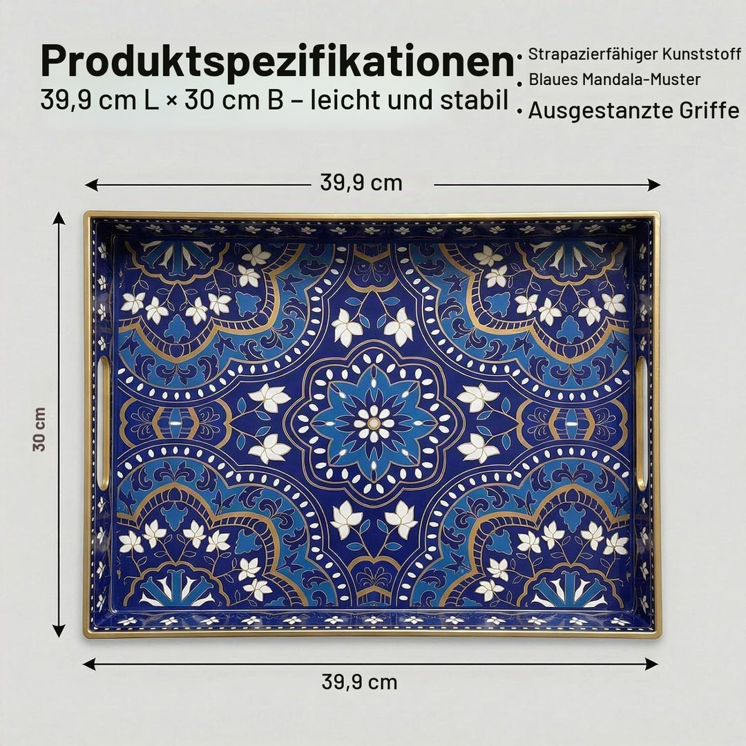 Dekoratives Serviertablett mit Griffen - 40 cm x 30 cm Blaues Mandala-Muster Rechteckiges Kunststoff