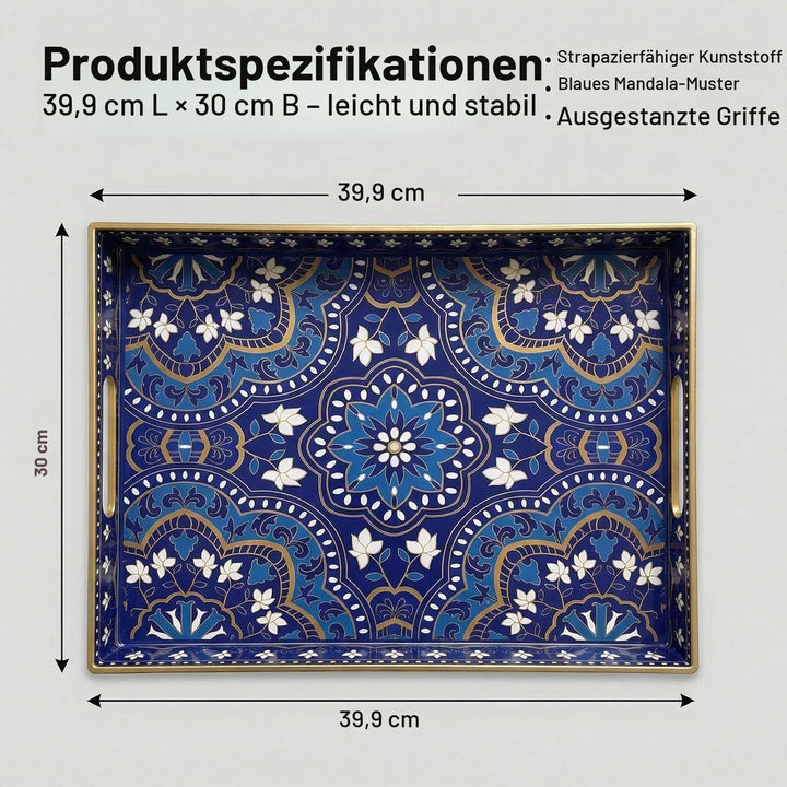 Dekoratives Serviertablett mit Griffen - 40 cm x 30 cm Blaues Mandala-Muster Rechteckiges Kunststoff