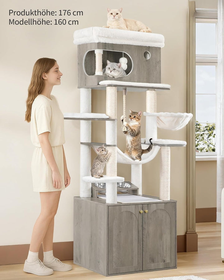 Hzuaneri Kratzbaum, Katzenbaum mit Katzenklo Schrank, Futterstation, 176 cm Hoch, mit grosser Plattf