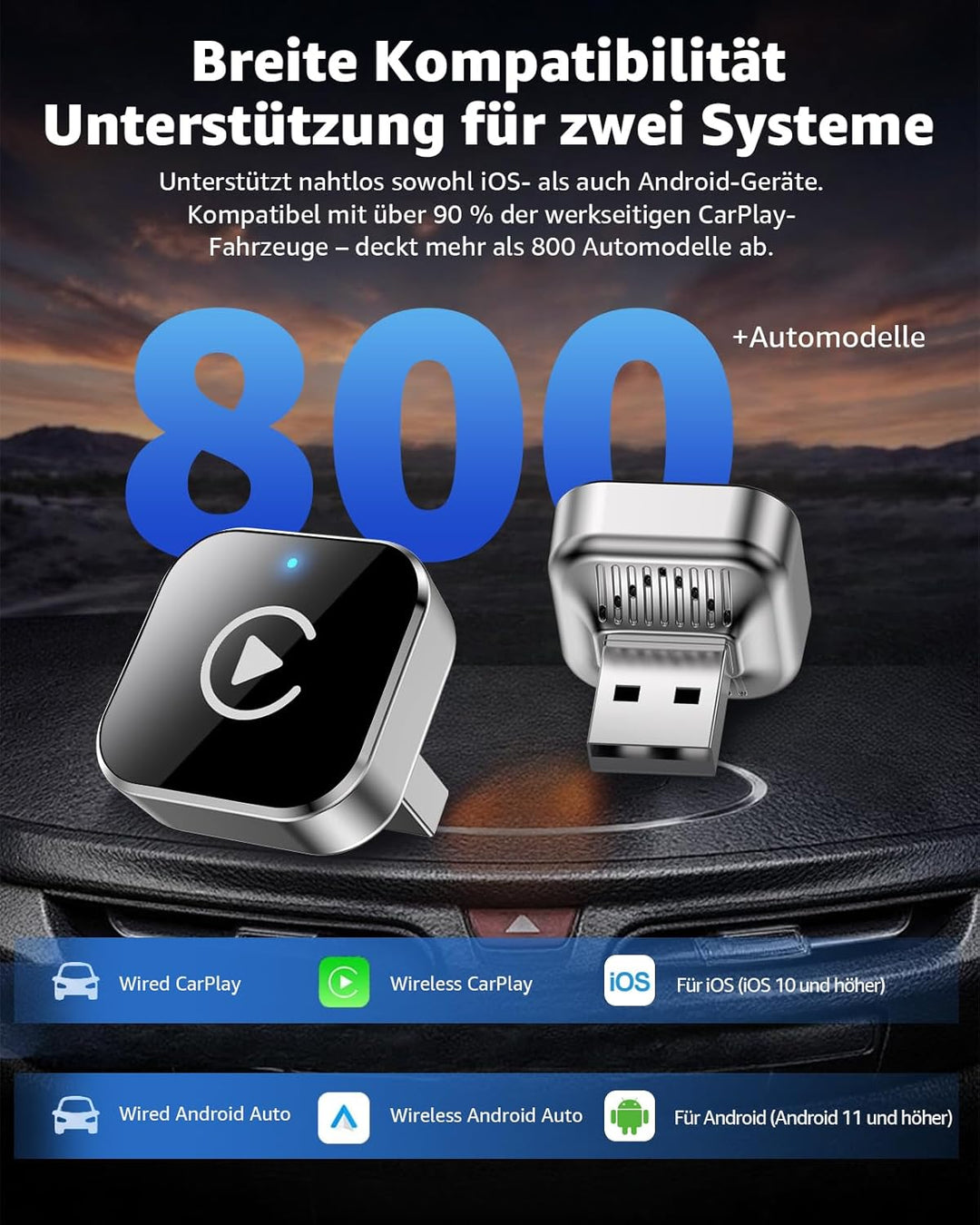 Wireless CarPlay &amp; Android Auto Adapter, 2-in-1 Kabelloser Adapter mit Dual-Band WiFi, Kabelgebunden