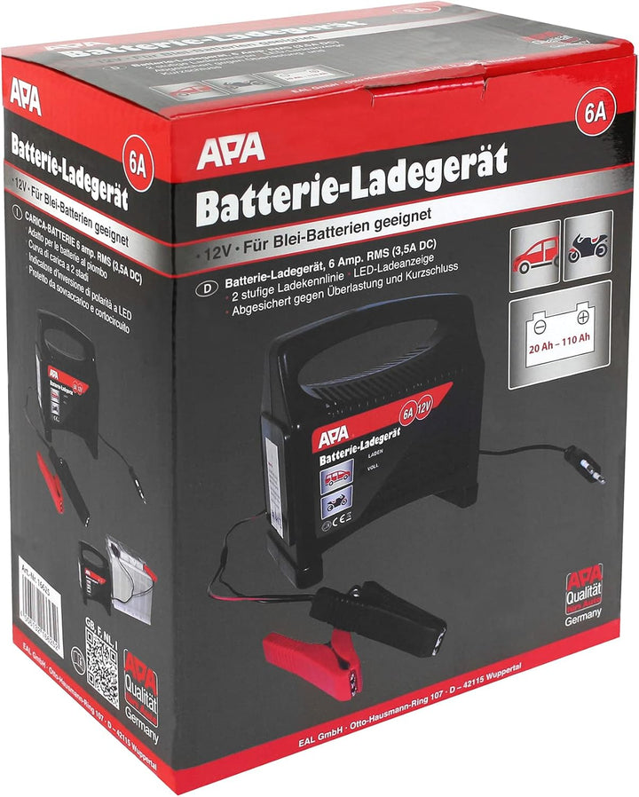 APA 16625 Batterie-Ladegerät, für Bleibatterien, 2-stufig, automatische Sicherung, 12V, 6A