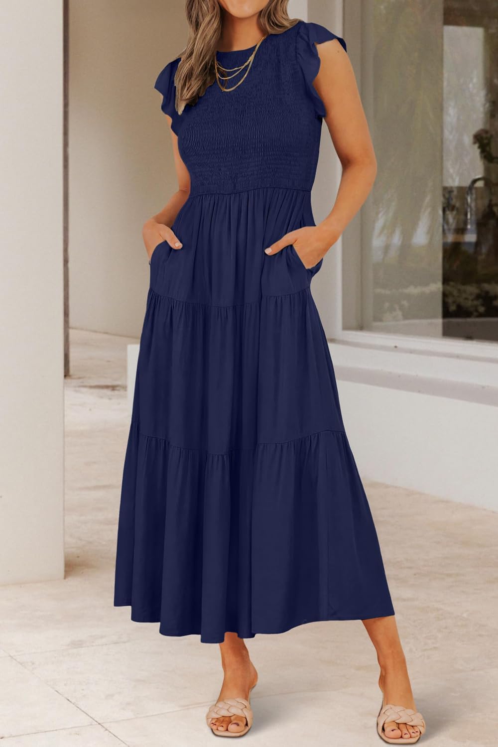 Damen Sommerkleid A Linie Kleider Kurzarm Kleid Midi Freizeitkleid M Dunkelblau, M Dunkelblau