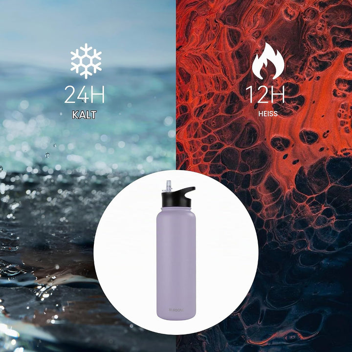 Edelstahl Trinkflasche 1.2L (+2 Deckel)-mit Strohhalm,BPA frei,Thermosflasche Auslaufsicher,Kohlensä