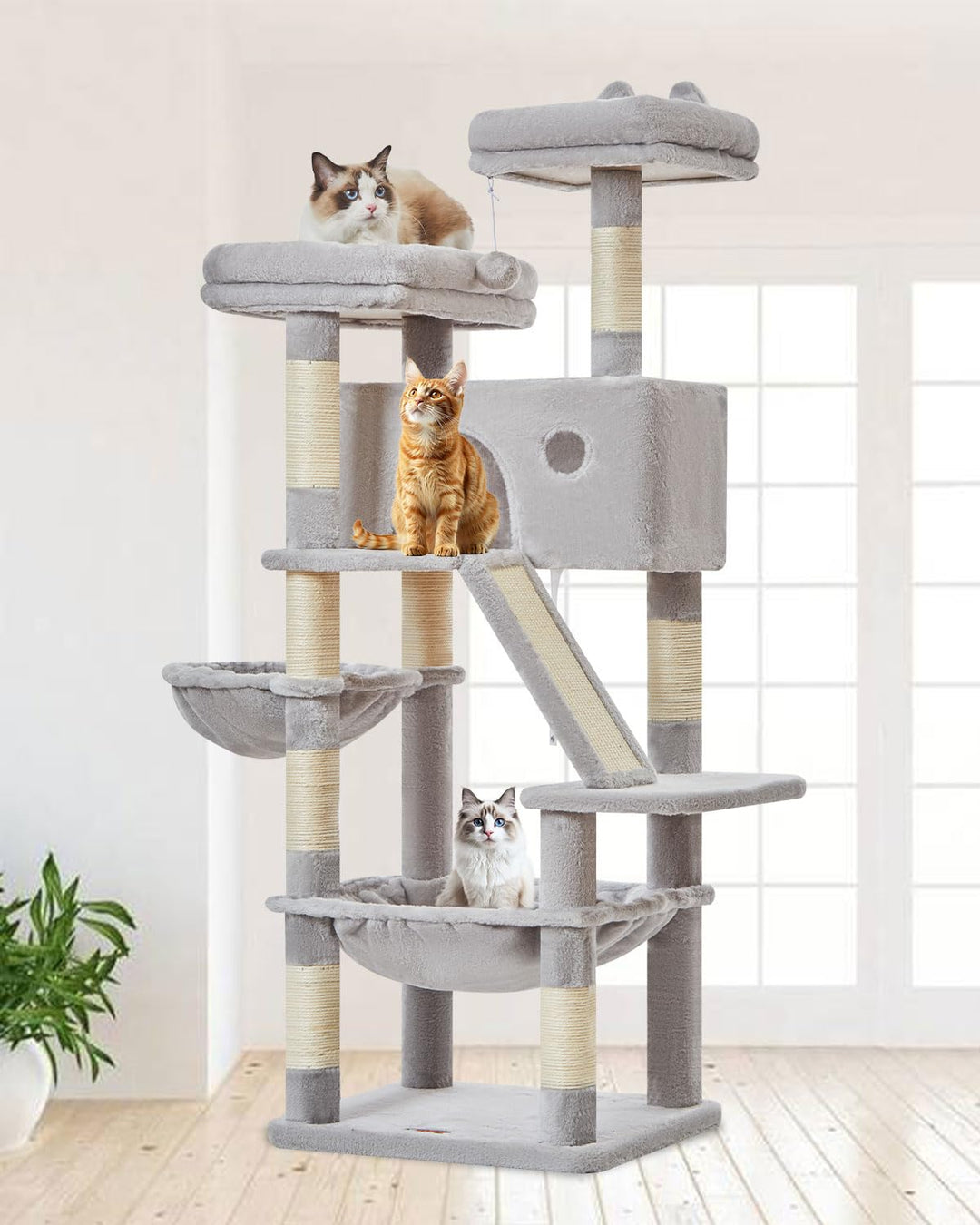 Taoqimiao 146CM Kratzbaum Gross, Katzenbaum Katzen Kratzbaum Grosse Katzen Stabil mit 2 Katzenhaus,