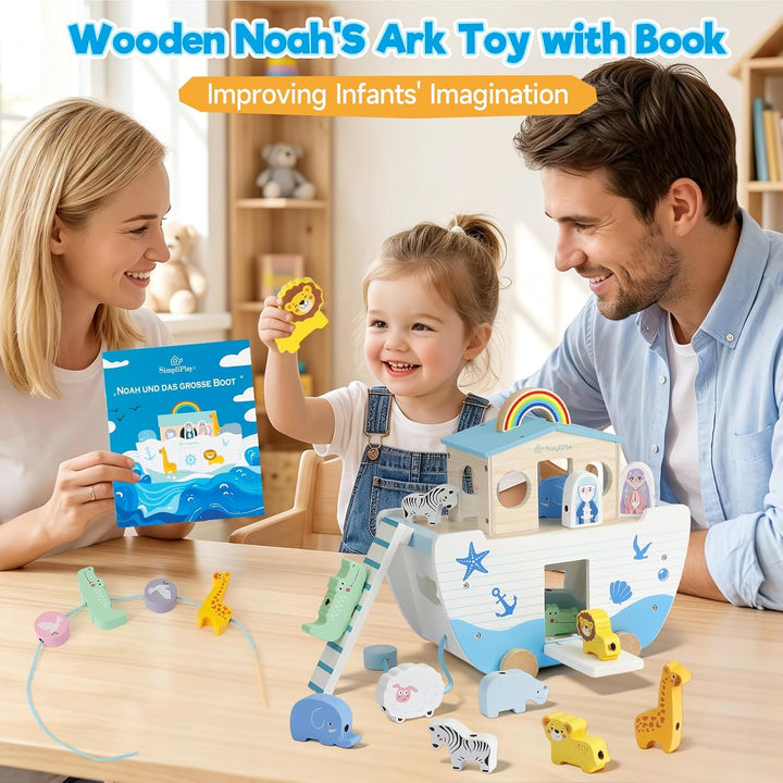 SIMPLIPLAY Holzspielzeug Arche Noah mit Geschichtenbuch Blau Arche Noah, Blau Arche Noah