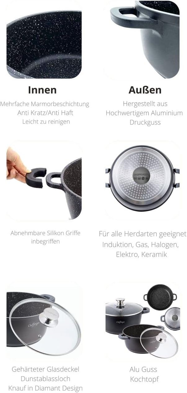 Cheffinger Kochtopf Aluguss Glasdeckel Induktion Marmorbeschichtung Suppentopf Pfanne Ø36 cm