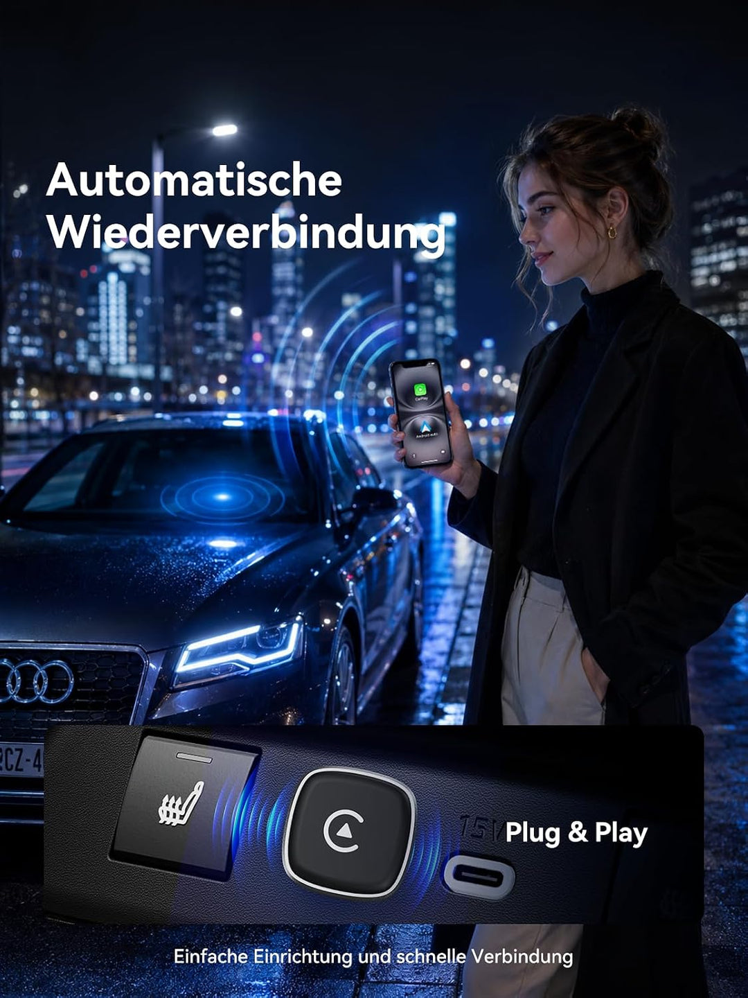 2-in-1 Wireless CarPlay &amp; Android Auto Adapter 2026, Mini, Plug &amp; Play Silber-Schwarz, Silber-Schwar