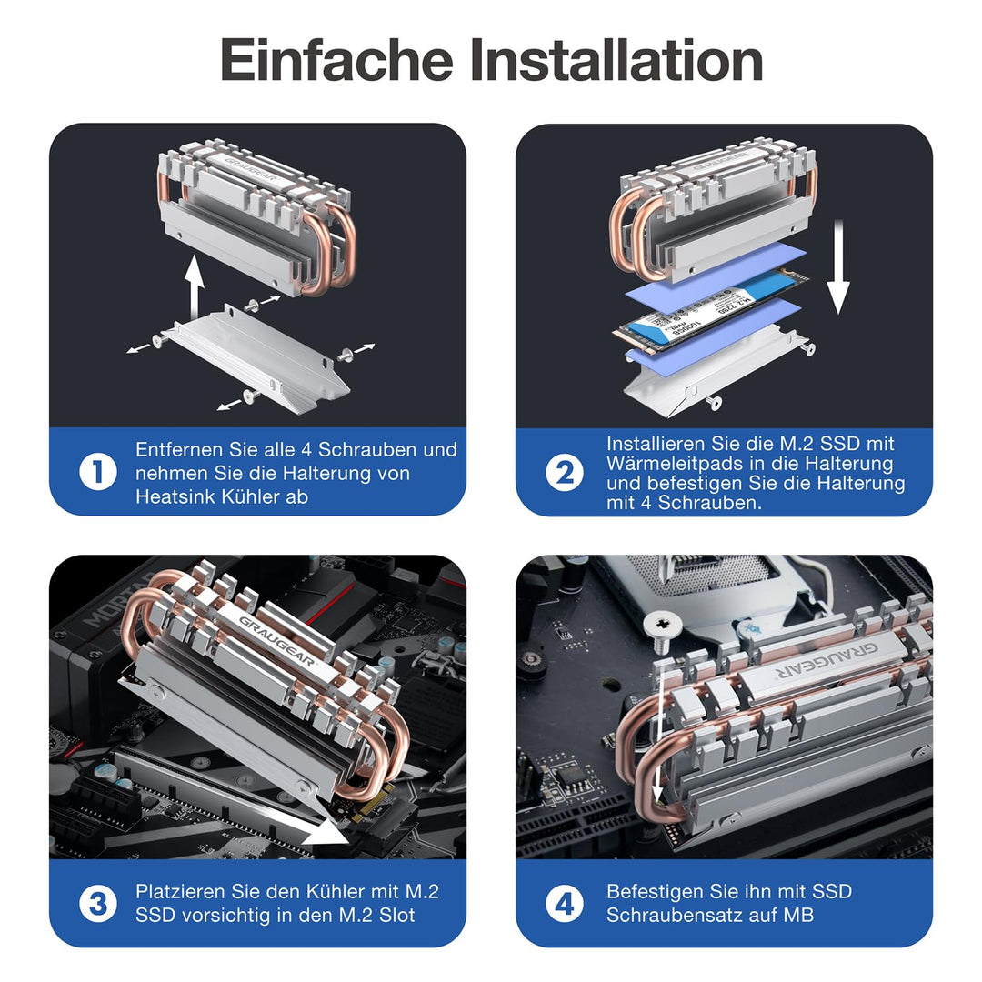 GRAUGEAR| M.2 NVMe SSD (2280) Heatpipe-Kühlkörper | lautloser Kühler | reduziert die Temperatur um b