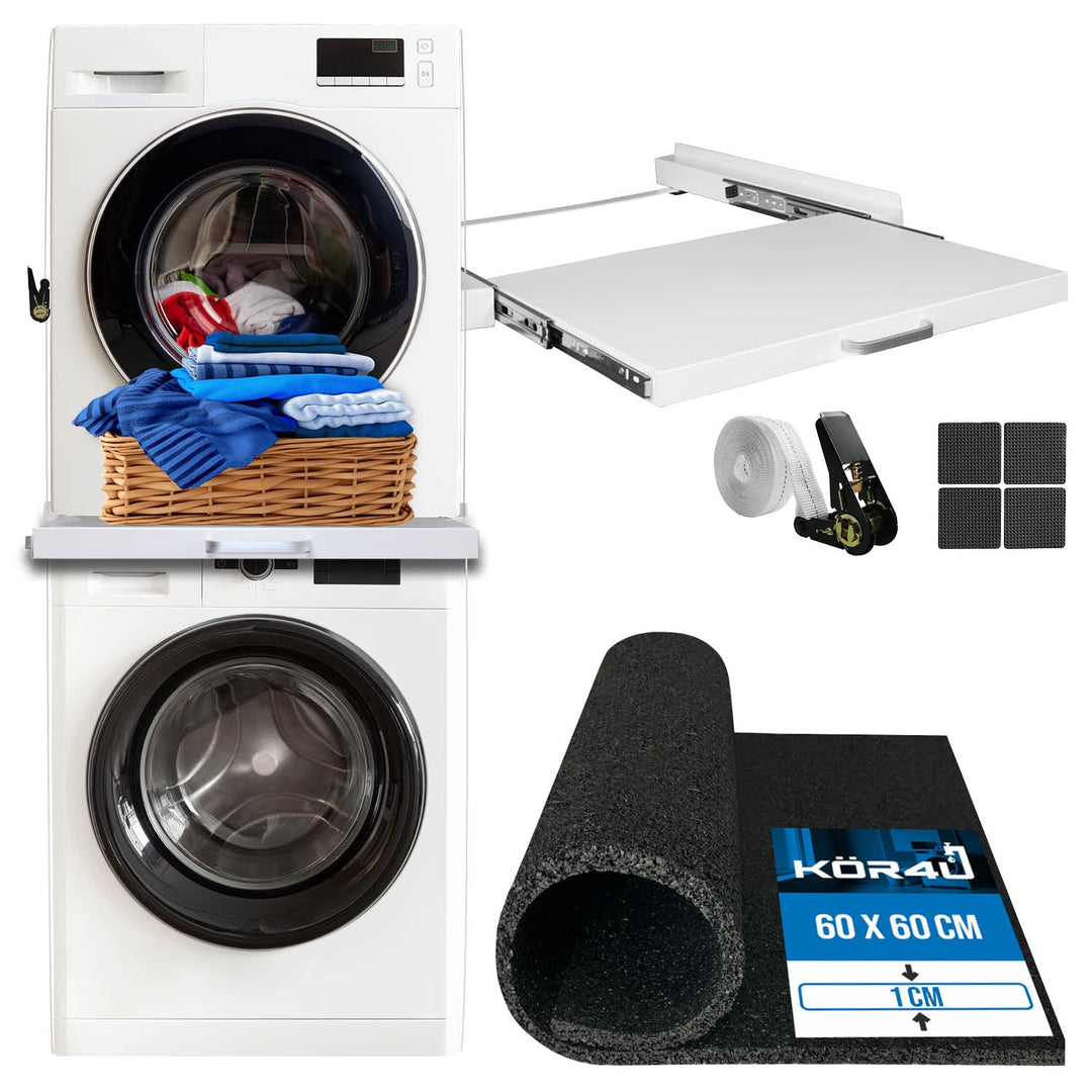 kör4u Premium Antivibrationsmatte 60x60x1cm &amp; kör4u Zwischenbaurahmen weiss mit Ausziehplatte, Stahl