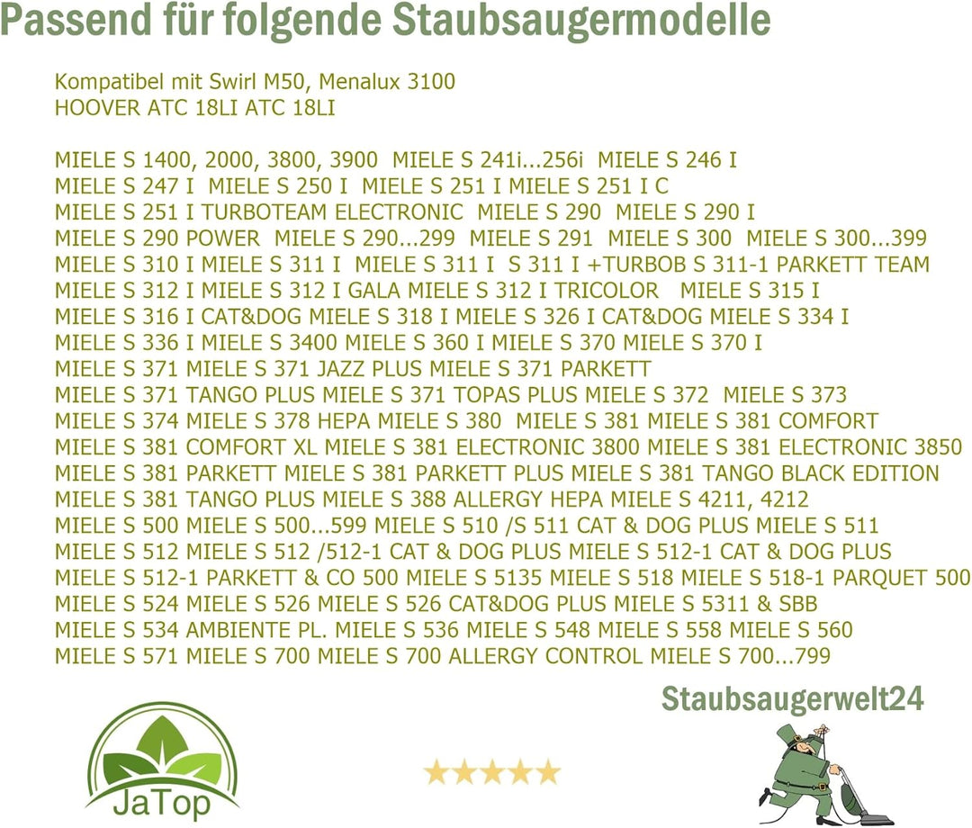 30 JaTop Staubsaugerbeutel kompatibel mit Swirl M50 M 50 und Miele 30x Beutel SSW24, 30x Beutel SSW2
