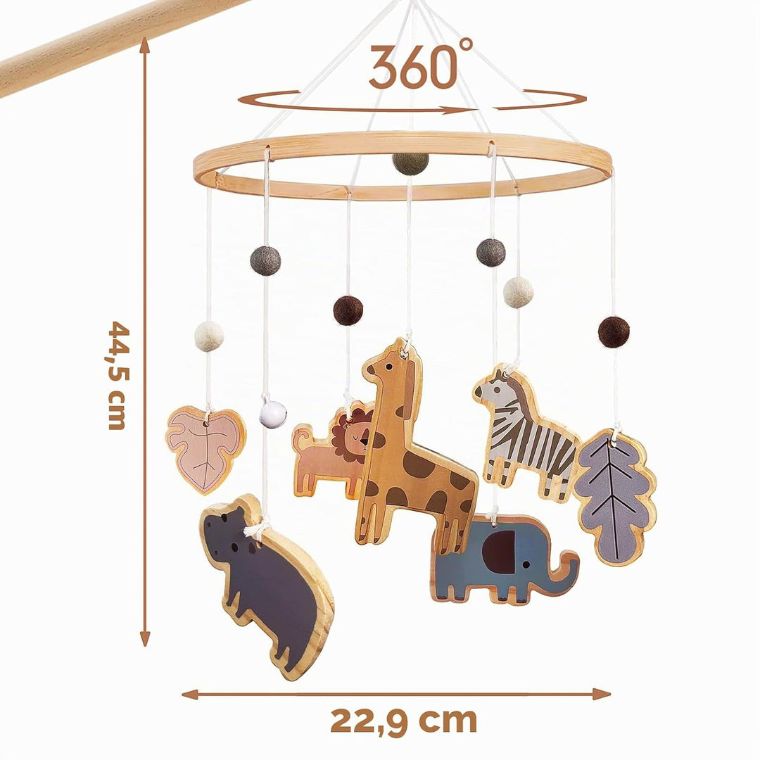Mobile Baby Waldtiere, Holz Baby Mobile babybett spielzeug mit Wollknäuel Giraffe Löwe Elefant, Wind