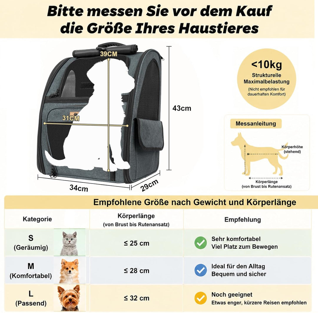 Aystkniet Katzenrucksack &amp; Hunderucksack bis 10kg, Grosse Haustier Transporttasche mit 270° Belüftun