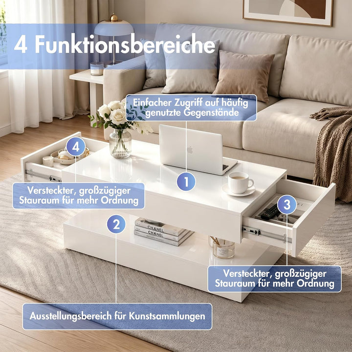 OC Orange-Casual Weiss Couchtisch im Hochglanz, Moderner Kaffeetisch mit 2 Schuhbalden, Rechteckiger