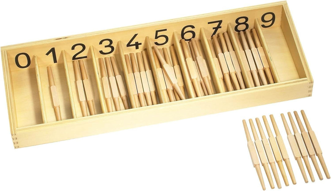 Zahlenverständnis bis 10 lernen und üben mit Montessori-Materialien, Spindelkasten, Ziffern &amp; Chips